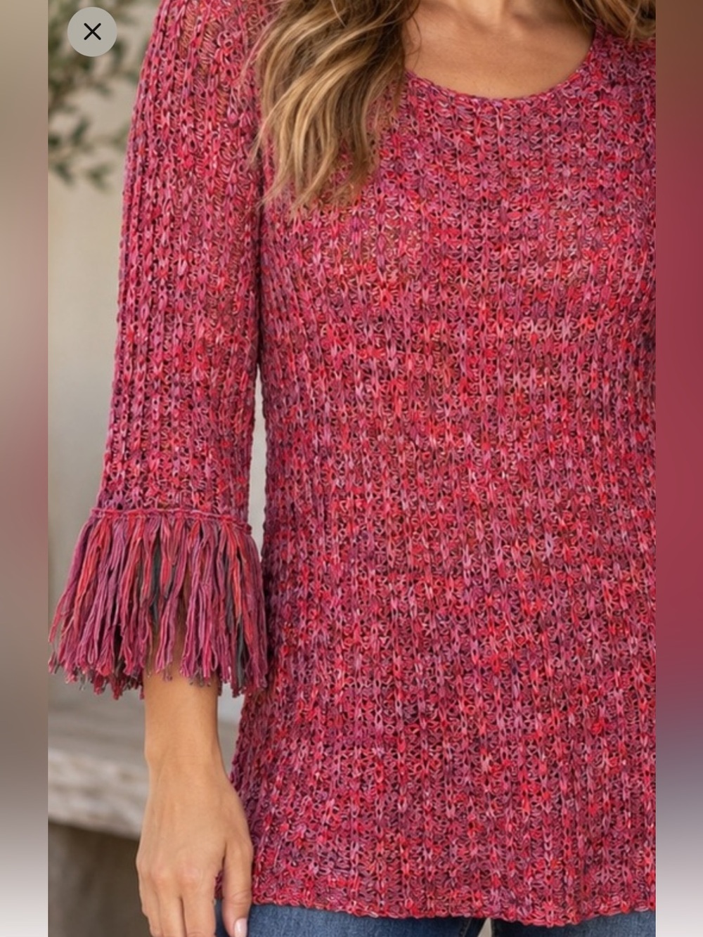 NIC+ZOE M Pink Multicolor Ribbon Knit Sweater Fringe Bell Sleeve Top